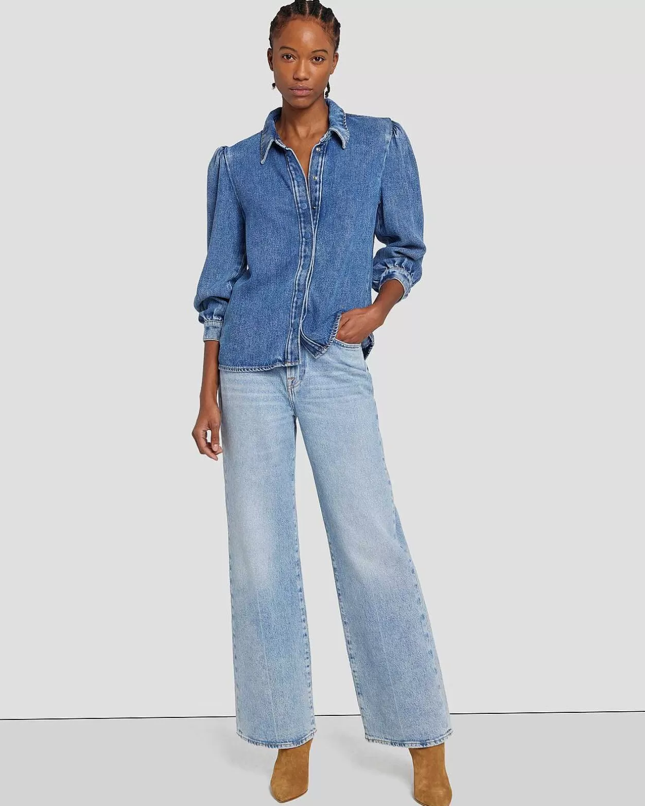 Women 7 For All Mankind Jeans*Denim Lustre Puff Sleeve Shirt In Daylily