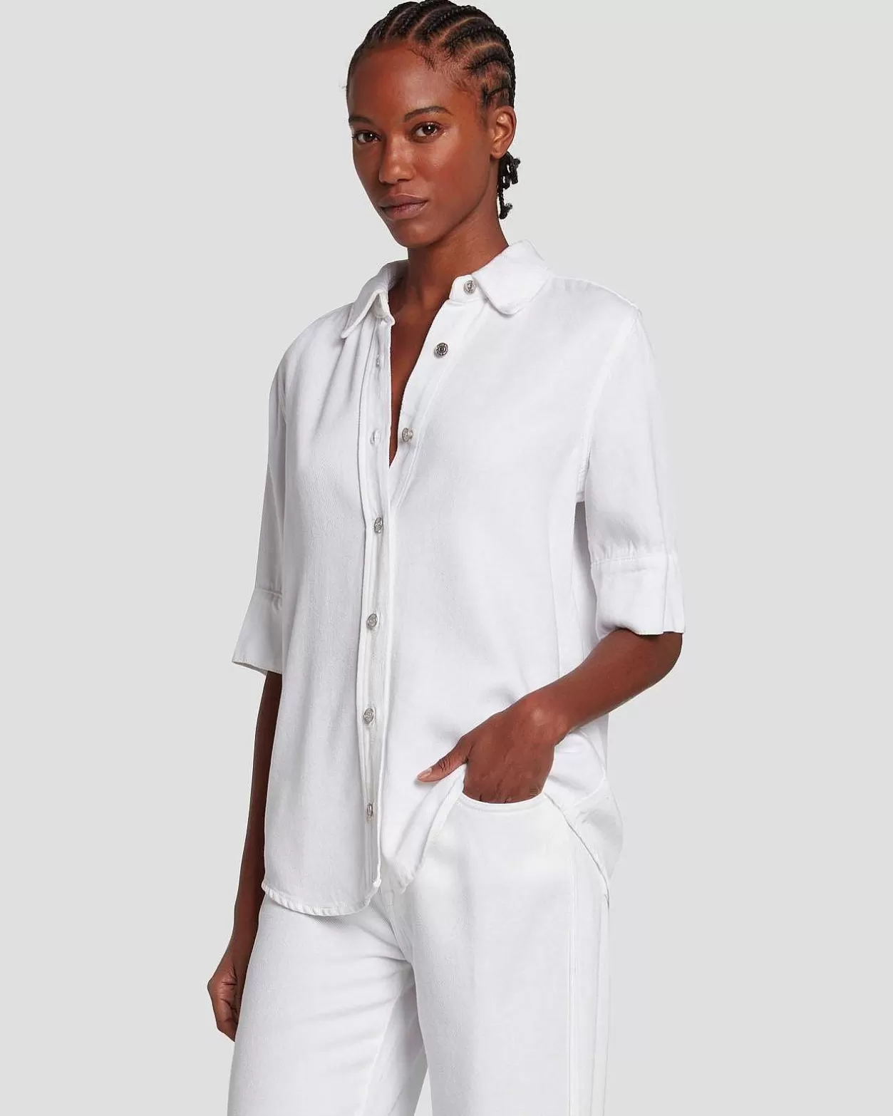 Women 7 For All Mankind Jeans*Denim Lustre Short Sleeve Shirt In Brilliant White