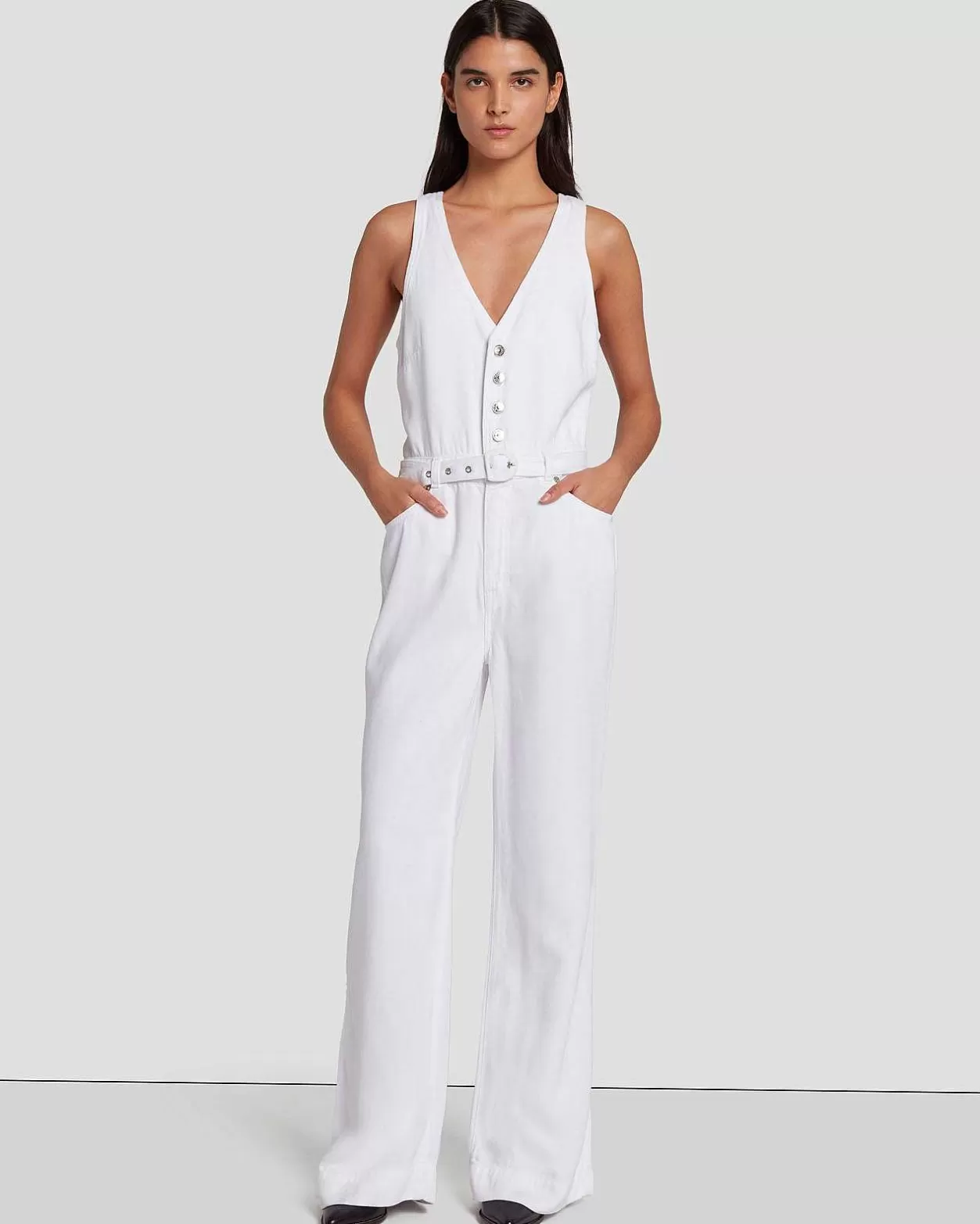 Women 7 For All Mankind Jeans*Denim Lustre Tailored Wide Leg Jumpsuit In Brilliant White