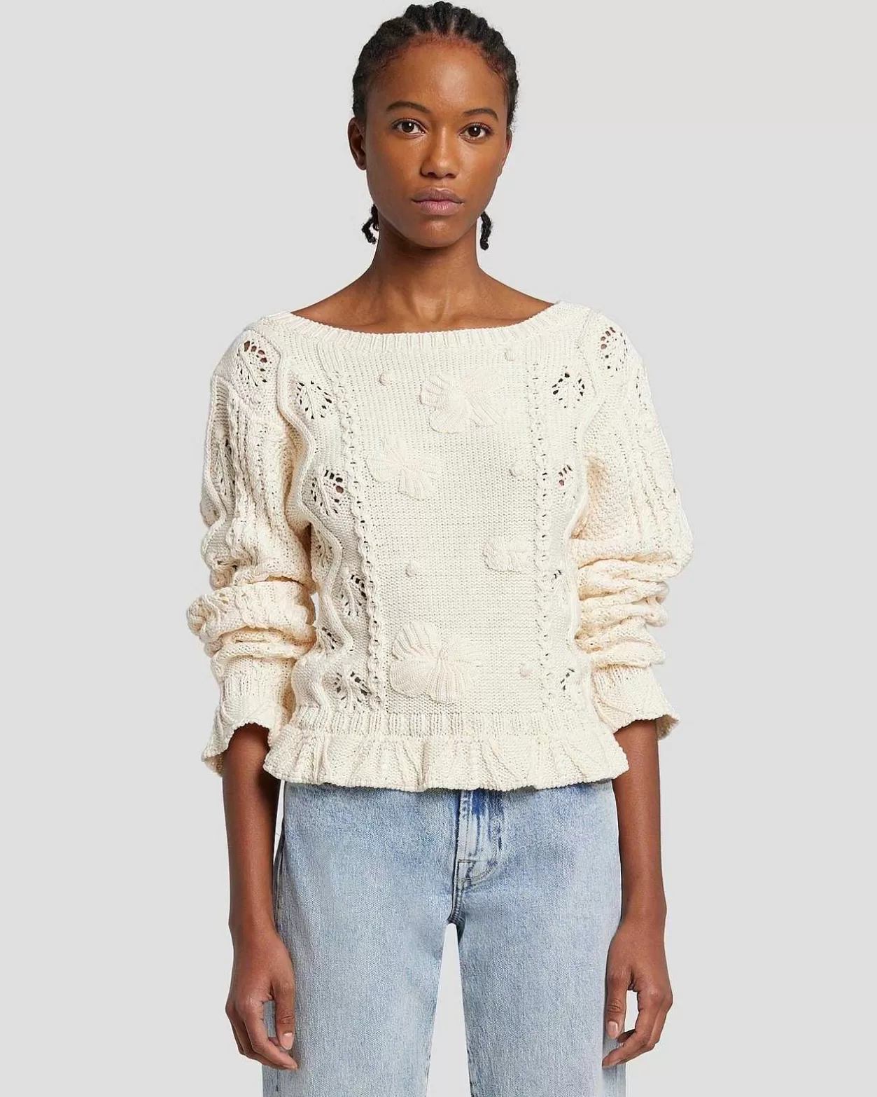 Women 7 For All Mankind Sweaters*Floral Cable Knit Sweater In Cream