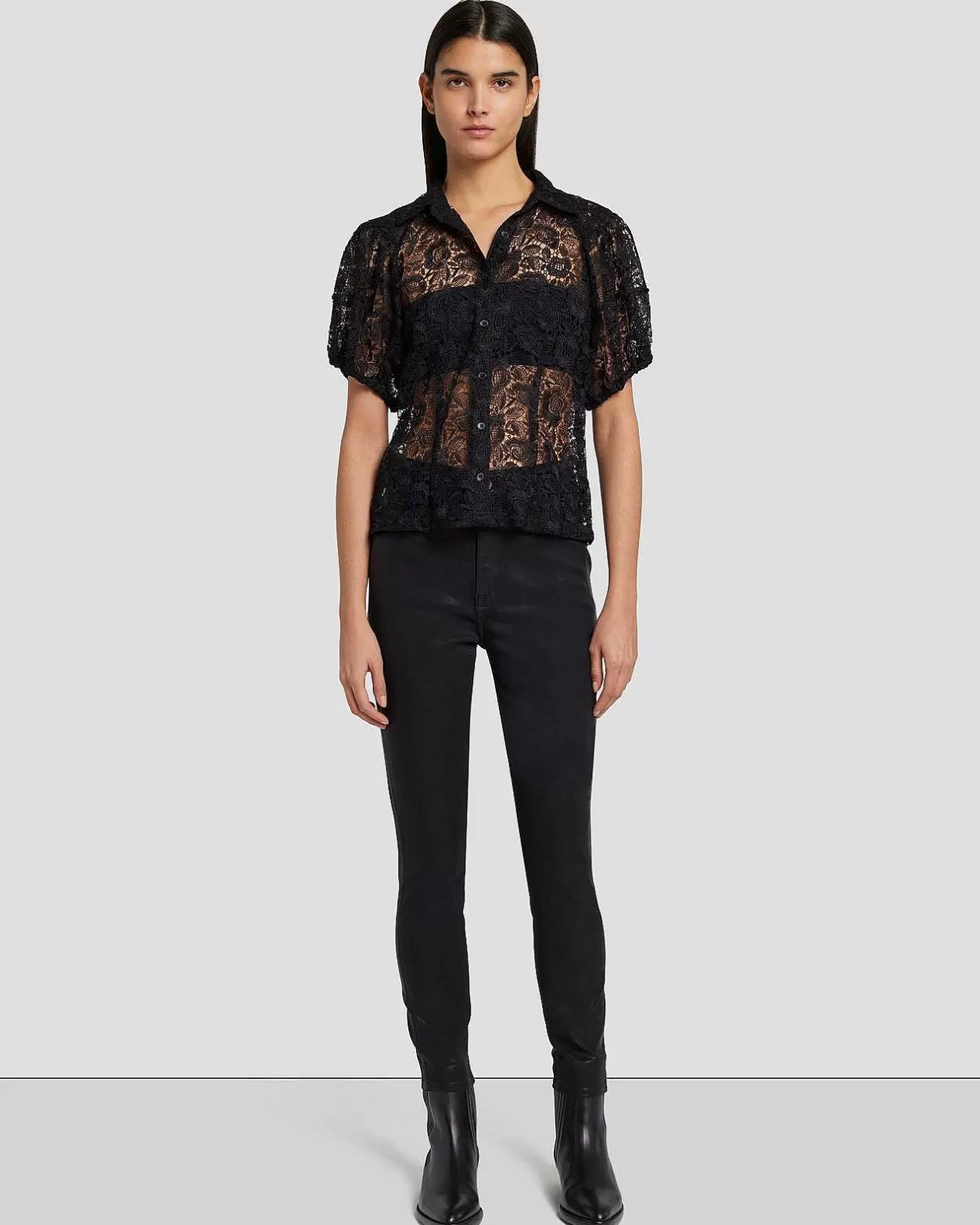 Women 7 For All Mankind Tops*Lace Puff Sheer Blouse In Black