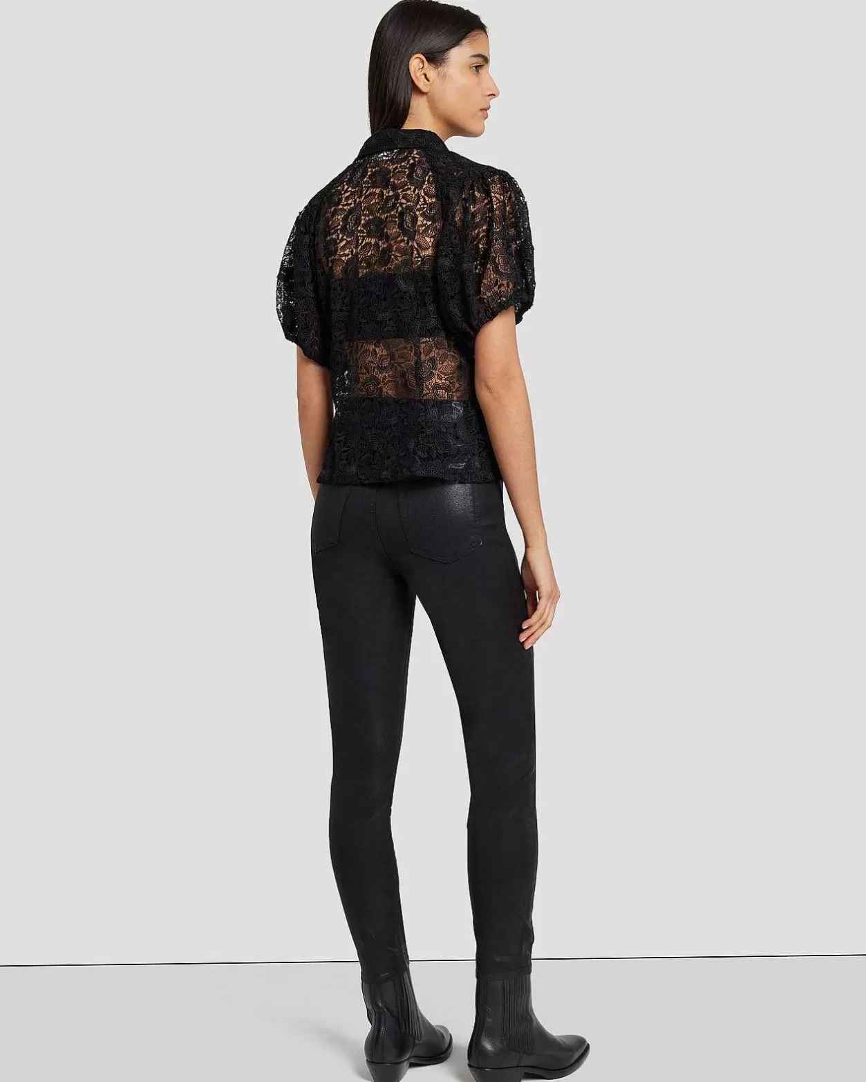 Women 7 For All Mankind Tops*Lace Puff Sheer Blouse In Black