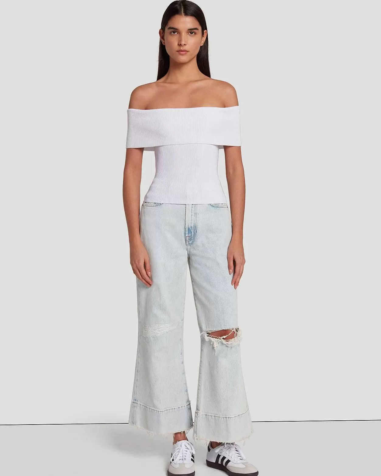 Women 7 For All Mankind Tops*Off The Shoulder Ribbed Top In Bright White