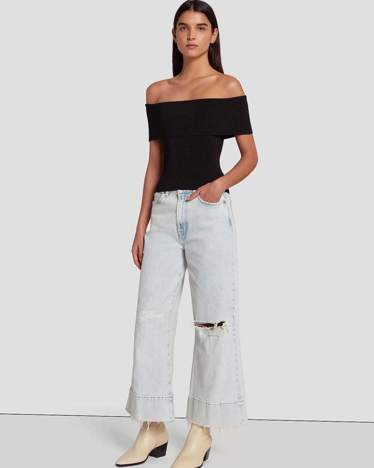 Women 7 For All Mankind Tops*Off The Shoulder Ribbed Top In Black