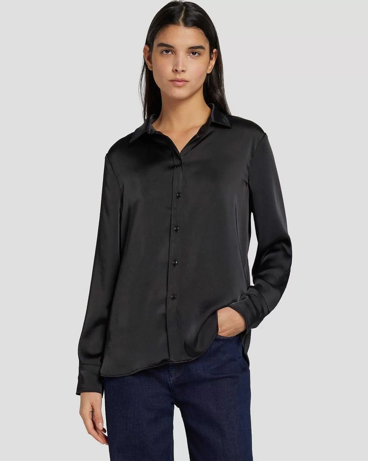 Women 7 For All Mankind Tops*Satin Button Up Shirt In Black