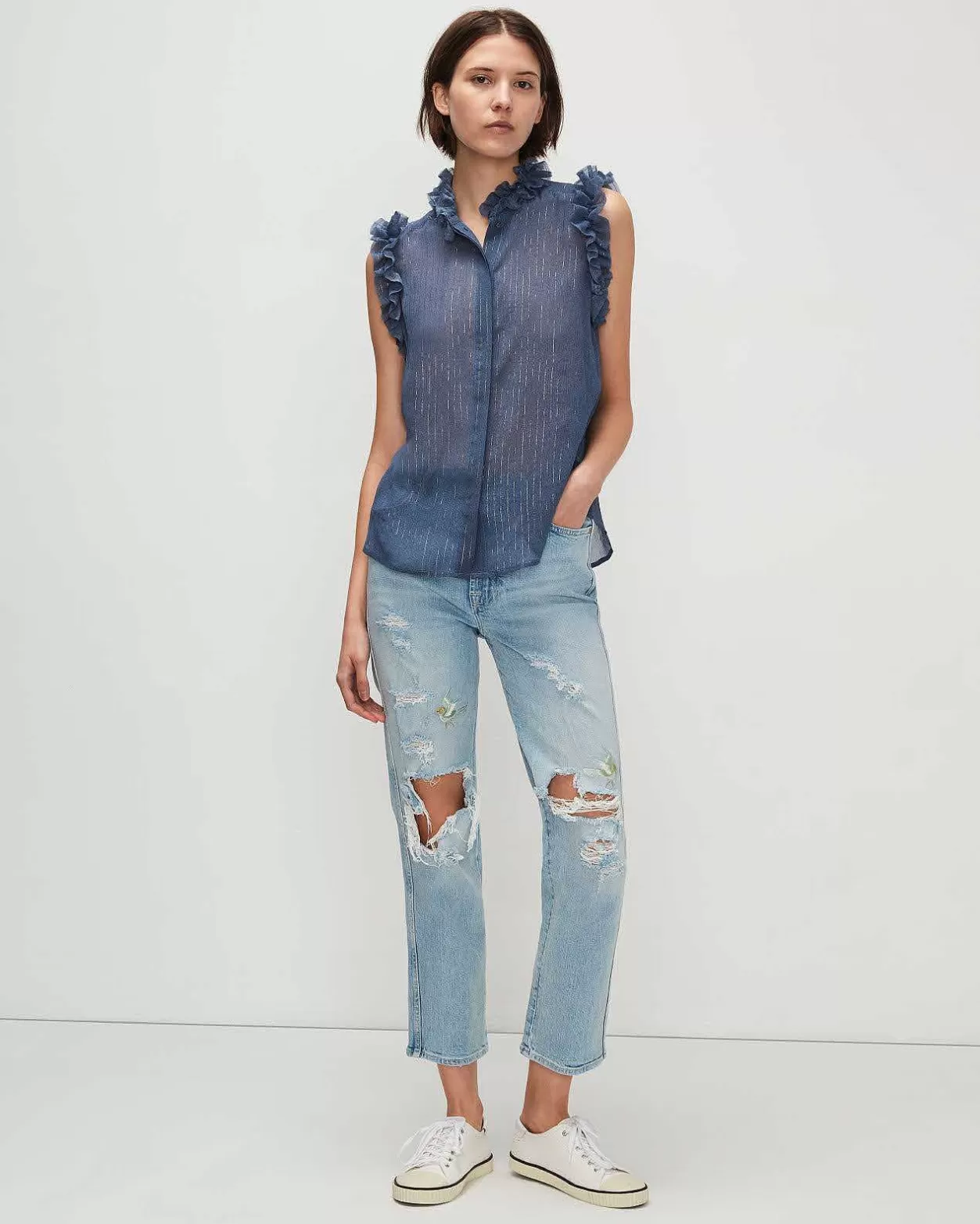 Women 7 For All Mankind Tops*Sleeveless Lurex Stripe Ruffle Collar Shirt In Denim Blue