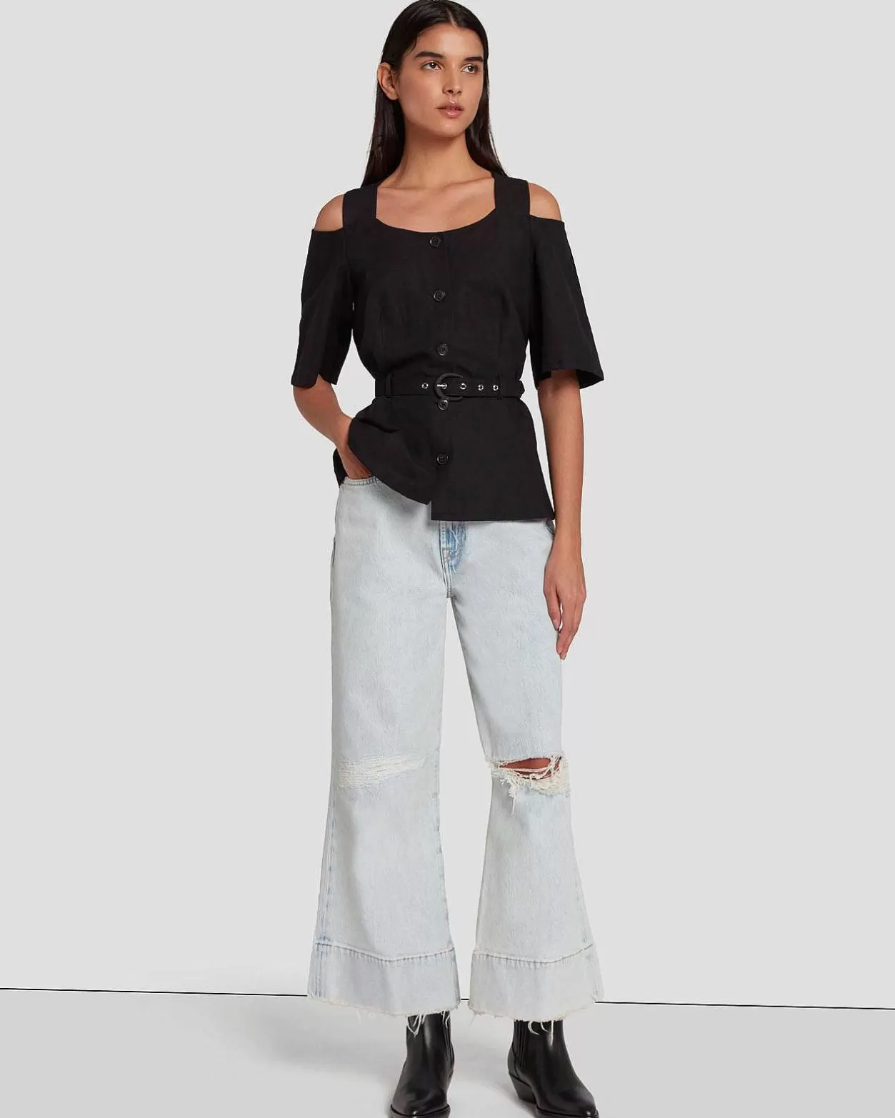 Women 7 For All Mankind Tops*Tailored Off The Shoulder Top In Black