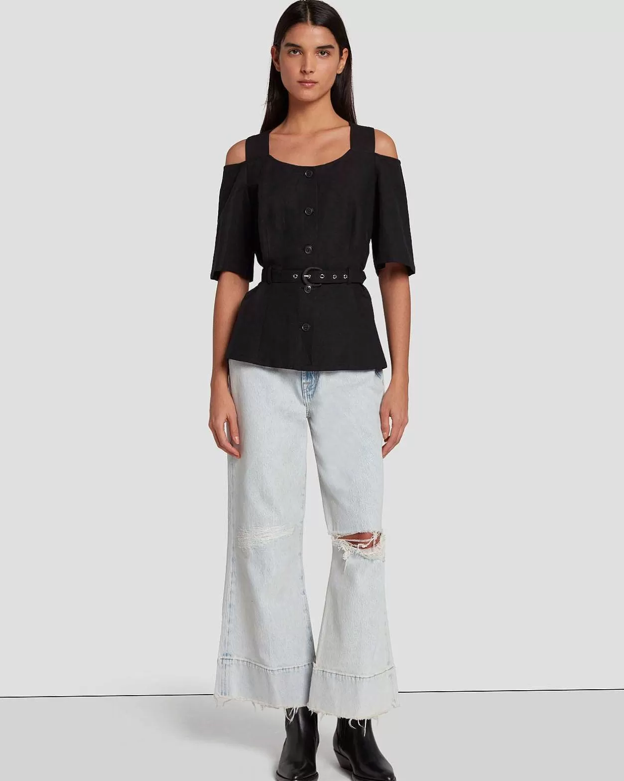 Women 7 For All Mankind Tops*Tailored Off The Shoulder Top In Black